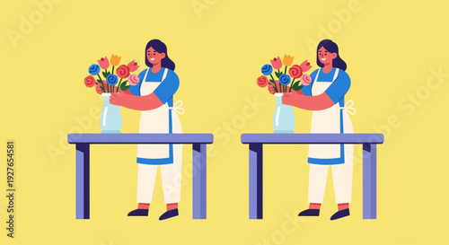 Two florists arranging colorful bouquets in vases on a table against a yellow background