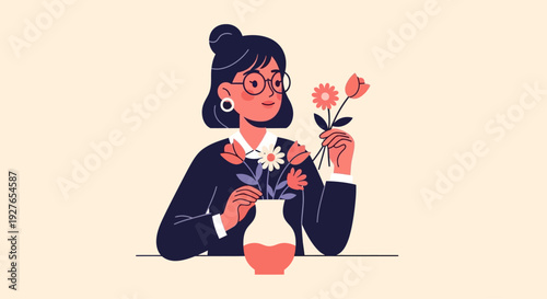 Woman arranging flowers in a vase, artistic illustration of floral appreciation