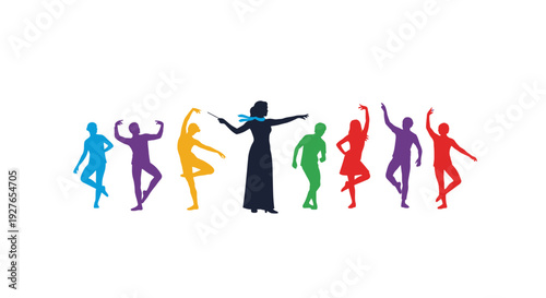 Vibrant Silhouettes of Dancers and Conductor Celebrating Artistic Expression and Creative Movement in a Diverse Performance Group
