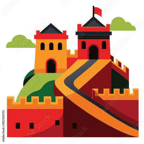 Ancient Great Wall of China vector illustration featuring historic towers and green rolling hills landscape