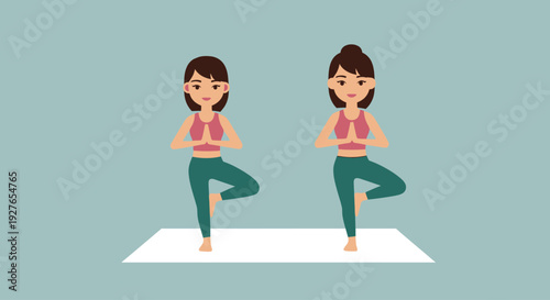 Two women practicing peaceful yoga tree pose on mats, promoting wellness and balance