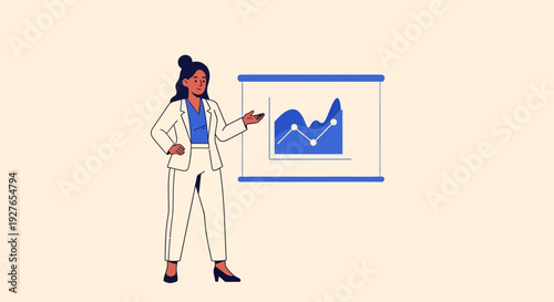 Professional businesswoman presenting data trends and analytics on a screen, illustrating business growth and strategy for success