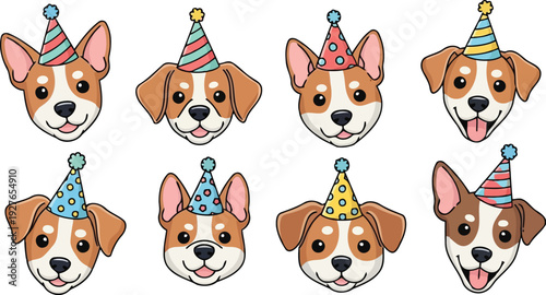 Kawaii outlined dog faces wearing festive party hats