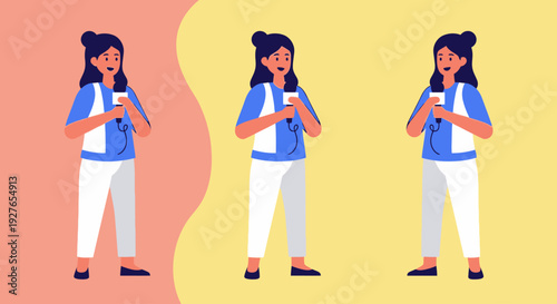 Young woman with smartphone illustration in repeated pattern on peach and yellow background