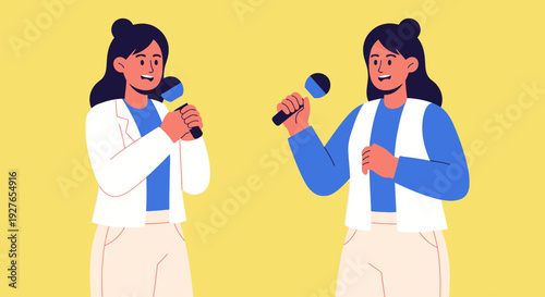 Two women holding microphones in a performance or presentation setting