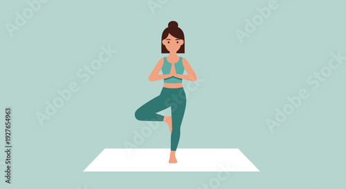 Woman practicing Vrksasana or Tree Pose, a balancing yoga asana