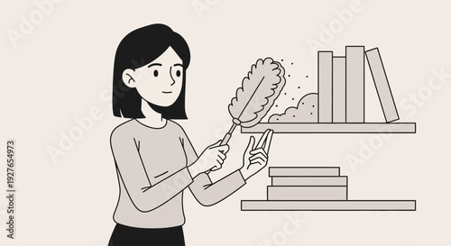 Woman dusting books on a shelf, illustration for cleaning and home organization