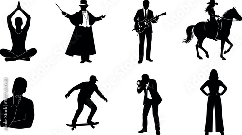 Black silhouettes of diverse people performing various activities including yoga, music, magic, horse riding, skateboarding, photography, thinking, and fashion.