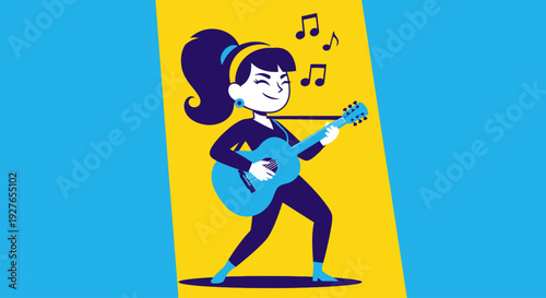 Woman playing guitar and singing with musical notes in a vibrant yellow and blue illustration