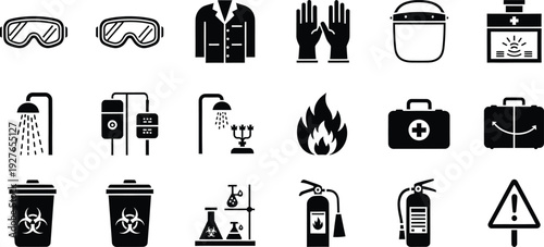 Collection of black and white laboratory safety icons including goggles, gloves, and fire extinguisher