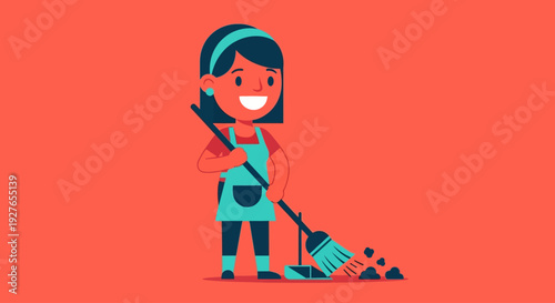 Smiling homemaker diligently sweeping up dust with a broom and dustpan, maintaining a clean and tidy space