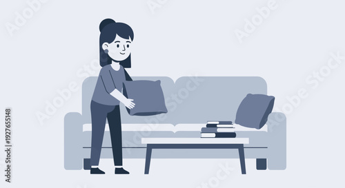 Woman arranging pillows on sofa in living room, tidy home, modern interior design