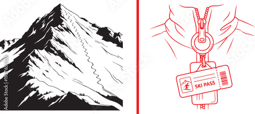 A minimalist vector graphic featuring a bold black mountain silhouette alongside a red line-art illustration of a ski pass clipped to a jacket zipper, representing winter resort access.