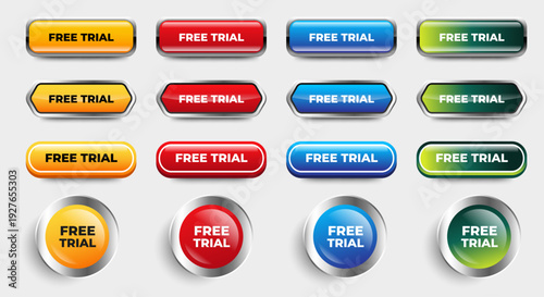 Free trial buttons icon set with glossy gradient colors. web app technology button icon ui, ux. vector