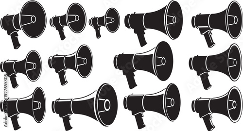 Collection of black megaphones on white background illustration set