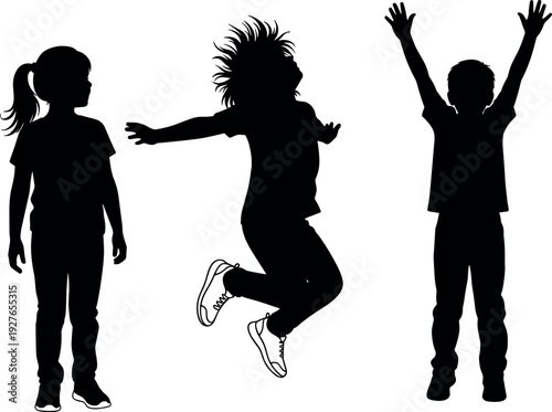 Black silhouettes of happy children jumping playing and standing together isolated on white background for childhood summer fun and activity