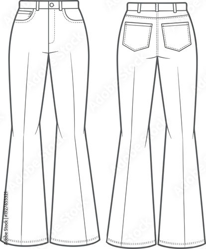 Women Flare Leg Jeans CAD Drawing, Front and Back View, High Waist Denim Pants Technical Flat Sketch Template
