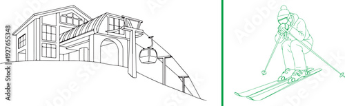 Minimalist line art featuring a ski resort lodge with a gondola lift and a separate green-inked illustration of a downhill skier in a tucked position.
