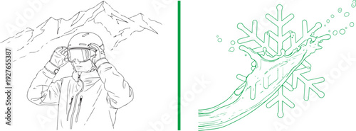A green line-art vector featuring a skier adjusting goggles against a mountain backdrop, paired with a stylized snowflake and splash graphic representing winter sports and liquid protection.