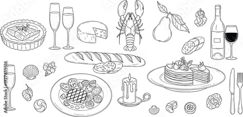 Gourmet dinner and fine dining doodles set with lobster, steak, wine, cake, and candles, cad drawing flat vector illustration, isolated.