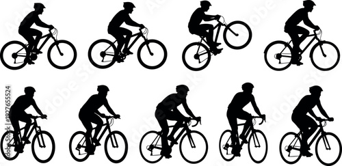 Black silhouettes of male cyclists riding mountain and road bikes in various active poses and outdoor sports motion on white.