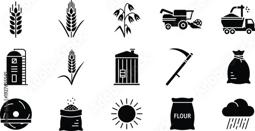 Set of black and white agriculture icons showing grain production from farm to flour bag.