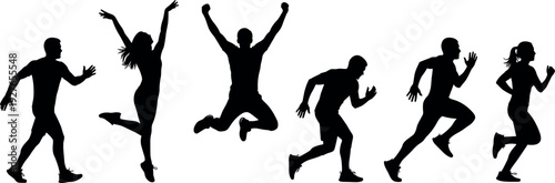Black Silhouettes of Men and Women Running and Jumping in Dynamic Athletic Poses Isolated on White Background for Fitness Concept