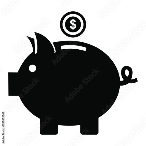Black piggy bank icon with coin above slot for savings and financial planning