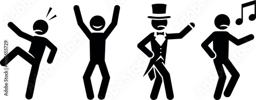 Black Stick Figure Vector Set Featuring Happy Jumping Man Sad Person Dancing Musician In Tuxedo And Musical Note Icon Illustrations