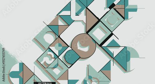 Abstract Geometric Composition with Teal and Beige Tones, Featuring Interlocking Shapes and Forms