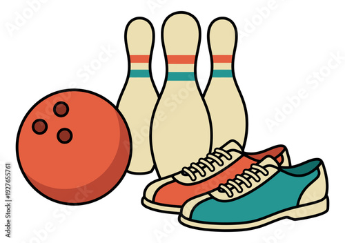 Retro style clip art set featuring a bowling ball, pins, and shoes for a sports game