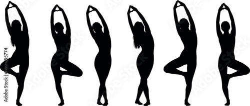 Black vector silhouettes of women doing yoga tree pose and stretching exercises isolated on white background for health and wellness
