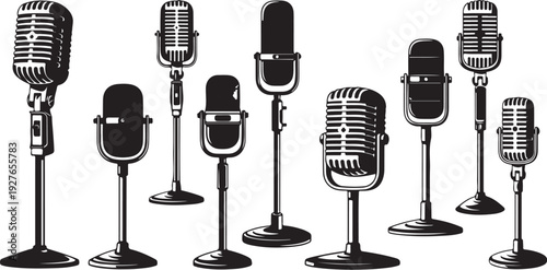 Vintage Microphones in a Row on Stands Illustration Set