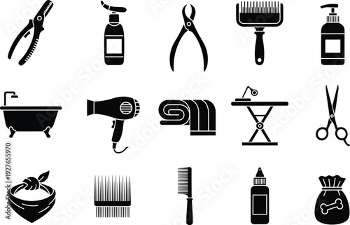 Collection of black vector icons representing various professional pet grooming tools and supplies.