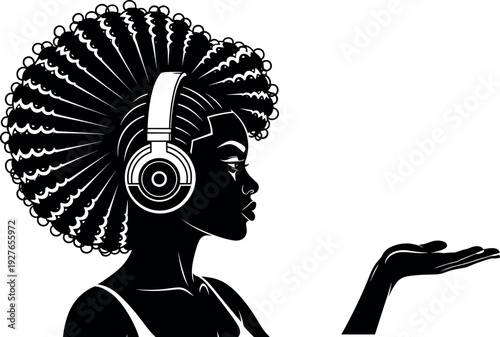 Black woman profile with afro hair wearing headphones holding out empty hand for product placement minimalist vector art on white background