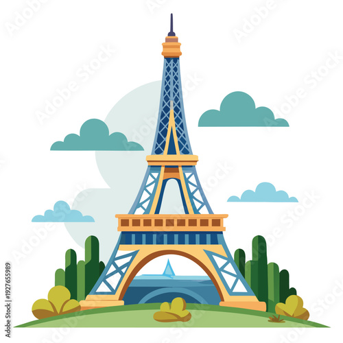 Famous Eiffel Tower in Paris France standing tall amidst green landscape and blue sky