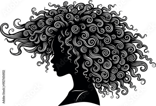 Black Woman Silhouette with Voluminous Blue Curly Hair Artistic Swirl Pattern Vector Illustration for Beauty Haircare and Creative Design Projects