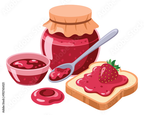Delicious strawberry jam spread on toast with spoon and bowl