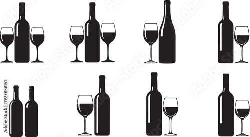 Wine Bottles and Glasses in Black Silhouette Vector Illustration