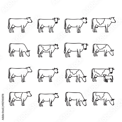 Collection of Cow and Calf Line Art Illustrations Farm Animal Silhouettes Livestock Vector Graphics