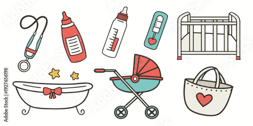 Assorted baby items including toys, furniture, and accessories Vector