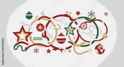 Vibrant festive holiday illustration featuring intertwined ribbons, sparkling stars, delicate snowflakes, and traditional baubles in rich red, green, and gold, perfect for celebratory designs