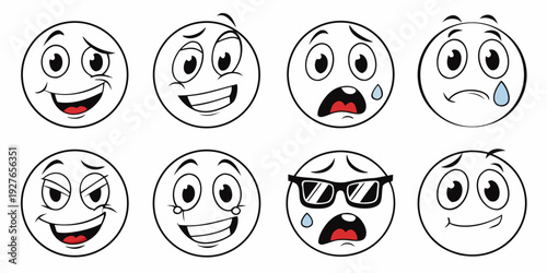 A diverse collection of eight expressive faces showing various emotions and reactions Vector