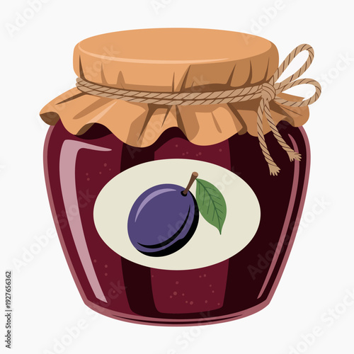 Jar of delicious homemade plum jam with a plum illustration on the label