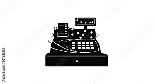 Retro cash register with paper receipt and digital display, symbolizing commerce and transactions.