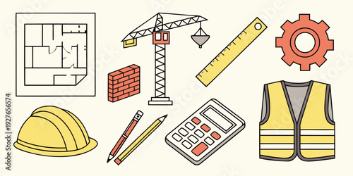 A variety of tools and objects commonly used in construction and engineering. Vector