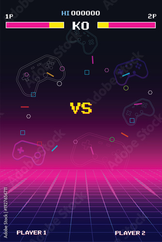 Versus Screen retro game on futurism Sci-Fi Background. glowing neon grid and stars from vintage arcade computer. Vertical Backgrounds