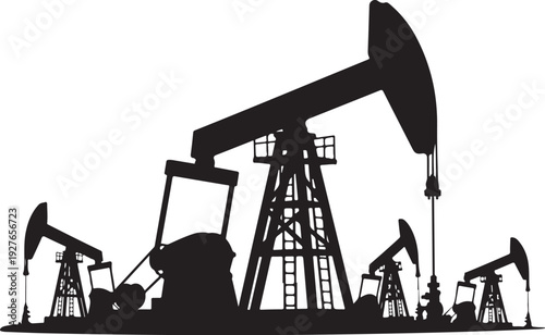 Silhouette of oil pump jack in industrial setting landscape