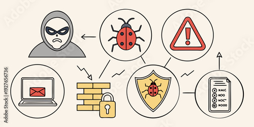 Illustrations of various cybersecurity threats and protective measures. Vector