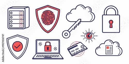 Collection of cybersecurity icons representing various aspects of digital protection Vector